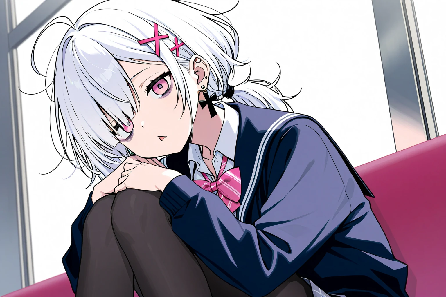  high image quality
 1 high school girl,  Pink Eyes、White Hair、 shortcut,   low ponytail 、   earrings for one woman,  Ahoge,   asymmetrical bangs ,  x-shaped hair ornament,   dark circles under eyes、 Black Pantyhose 、vigil、The background is white、front、Messy Hair、triangle mouth 、 school uniform、 dazed state 、solo, Lonfer、Simple eyes、