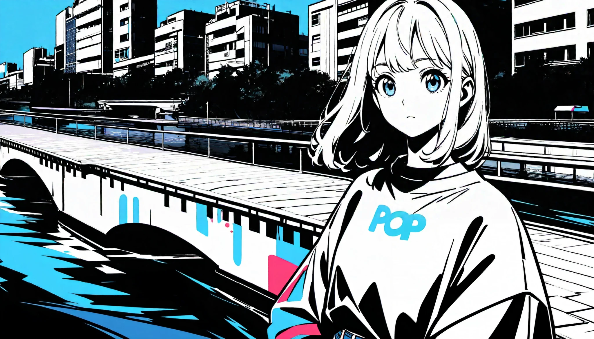 1girl, solo, black sweater uniform, bangs,happy,posing, multicolored hair, (masterpiece:1.2), highres, best quality, 8k, Night neon city Tokyo background, white hair