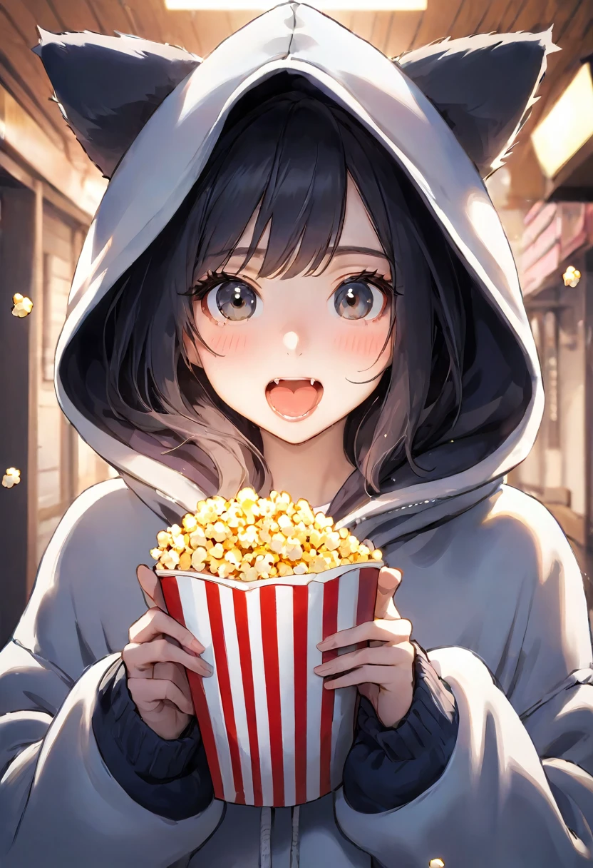 she:  wearing an oversized hoodie 、 hooded girl。 staring at the screen with big eyes 。 with a slightly open mouth 、 is cute with pieces of popcorn on it 。

Boyfriend's Hands: In the Dark、 the hand that extends from the bottom of the frame 、そっとsheのパーカーのポケットに入れている。As if it were warming 、 a gesture that gently wraps 。