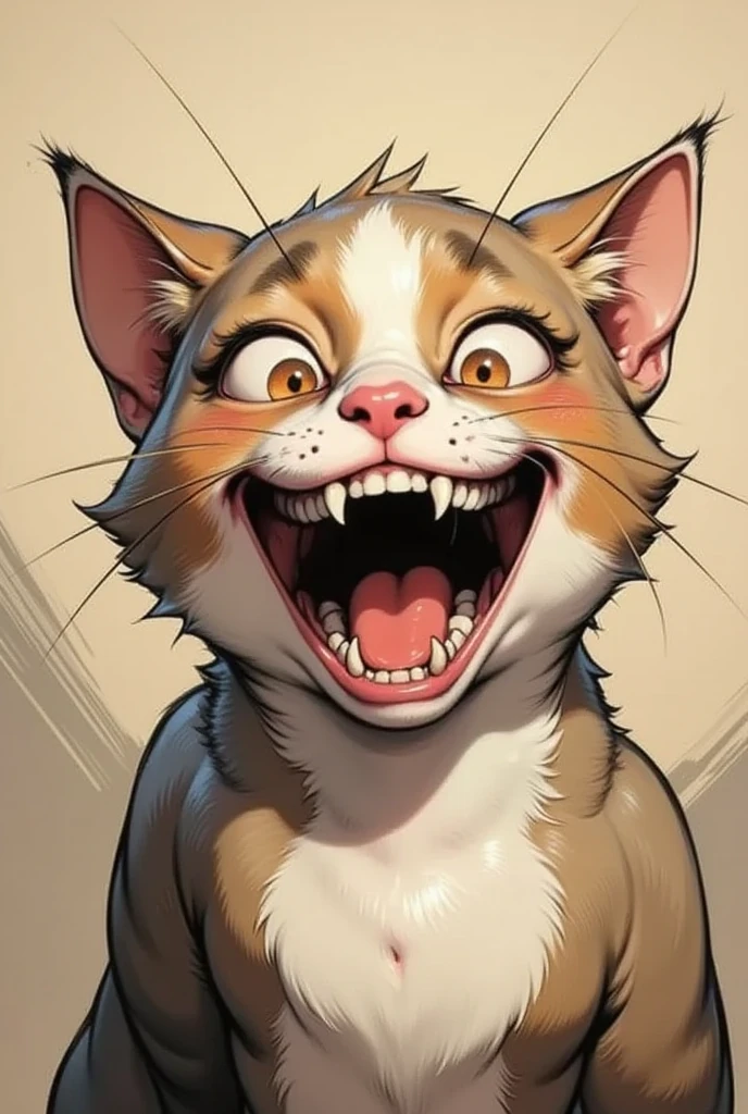 A cat's up 、 big mouth and a big smile
