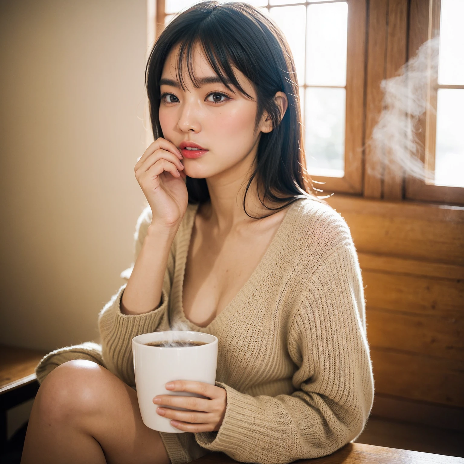 Sexy Japanese woman holding a steaming cup of coffee close to her face, her expression soft and inviting as she gazes directly into the camera. She is dressed in a cozy knit sweater, her hair slightly tousled in a natural, effortless style. The background is blurred with warm, golden light filtering through a window, creating a cozy and intimate atmosphere. Shot with a 85mm lens for a close-up perspective that emphasizes her delicate features.