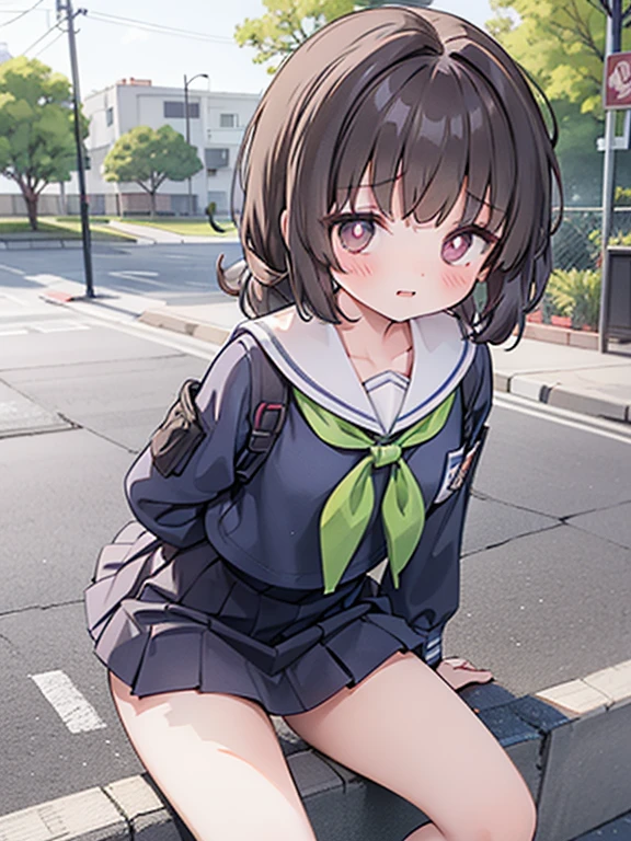  female middle school student， young girl，Brown Hair，curly hair,， ultra-short sailor suit ，(naked:1.1),  ( blanking in books:1.0),   detail face , roadside, POV crouching ， exposing the inside of the legs ，Tie your hands behind your back， skirt blows in the wind，  transparent panties 