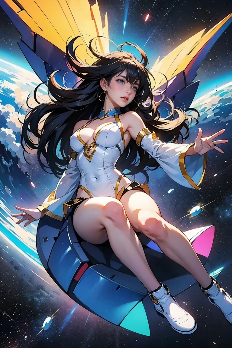 Highest quality,Highest Resolution,Beautiful girl with angry face in maid leotard,Frills,High leg,(((Floating in the air))),Halo,(((universe space))),Milky Way,meteor,Very beautiful eyes,(((White angel wings on the back))),whole body,long hair,(((Shoot a bow))),Knee-high stockings,Floating in the air,