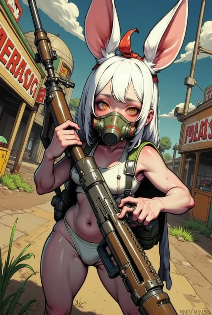  rough brush strokes  、( Best Quality ),(masterpiece:1.2), ( colorful :0.9),  in an abandoned amusement park {x} wearing a rabbit costume、 、 assault rifle  、I'm wearing a full-face rubber gas mask with 
