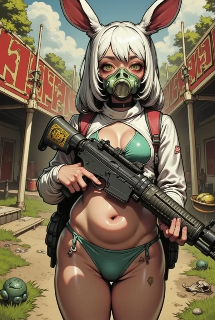  rough brush strokes  、( Best Quality ),(masterpiece:1.2), ( colorful :0.9),  in an abandoned amusement park {x} wearing a rabbit costume、 、 assault rifle  、I'm wearing a full-face rubber gas mask with 
