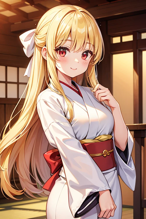  1 beautiful girl with pieces 　Shows up to the waist　 short stature 　Baby Face　 long golden hair　 princess cut　Red eyes　Bright smile　Innkeeper　yellow and white kimono　Japanese style inn