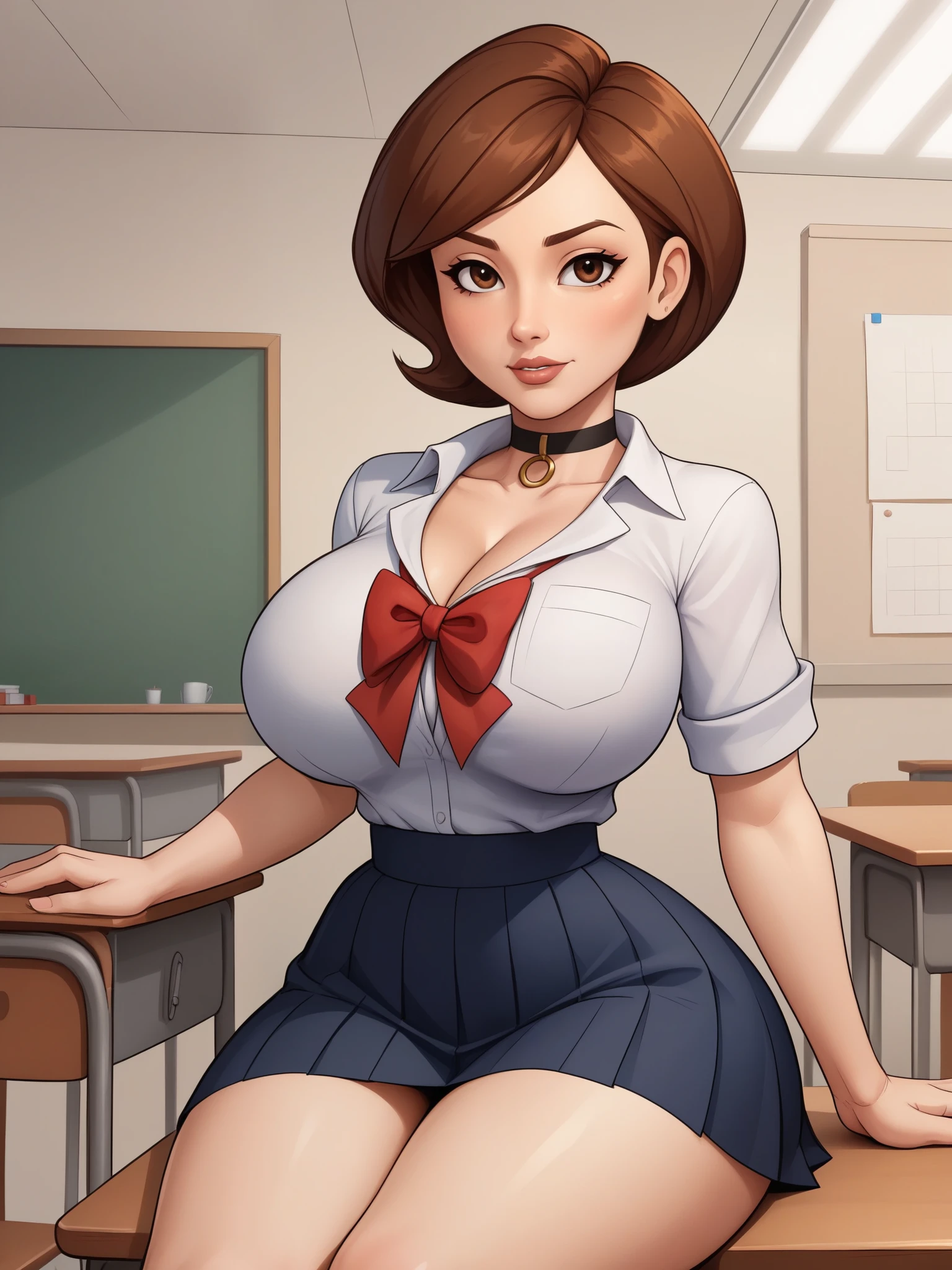 account_9, account_8_ex, account_7_ex, account_6_ex, account_5_ex, account_4_ex. Helen Parr. narrow waist. huge saggy breasts. huge hips. brown hair. brown eyes. the middle square. choker. school uniform. school class. desk. sitting