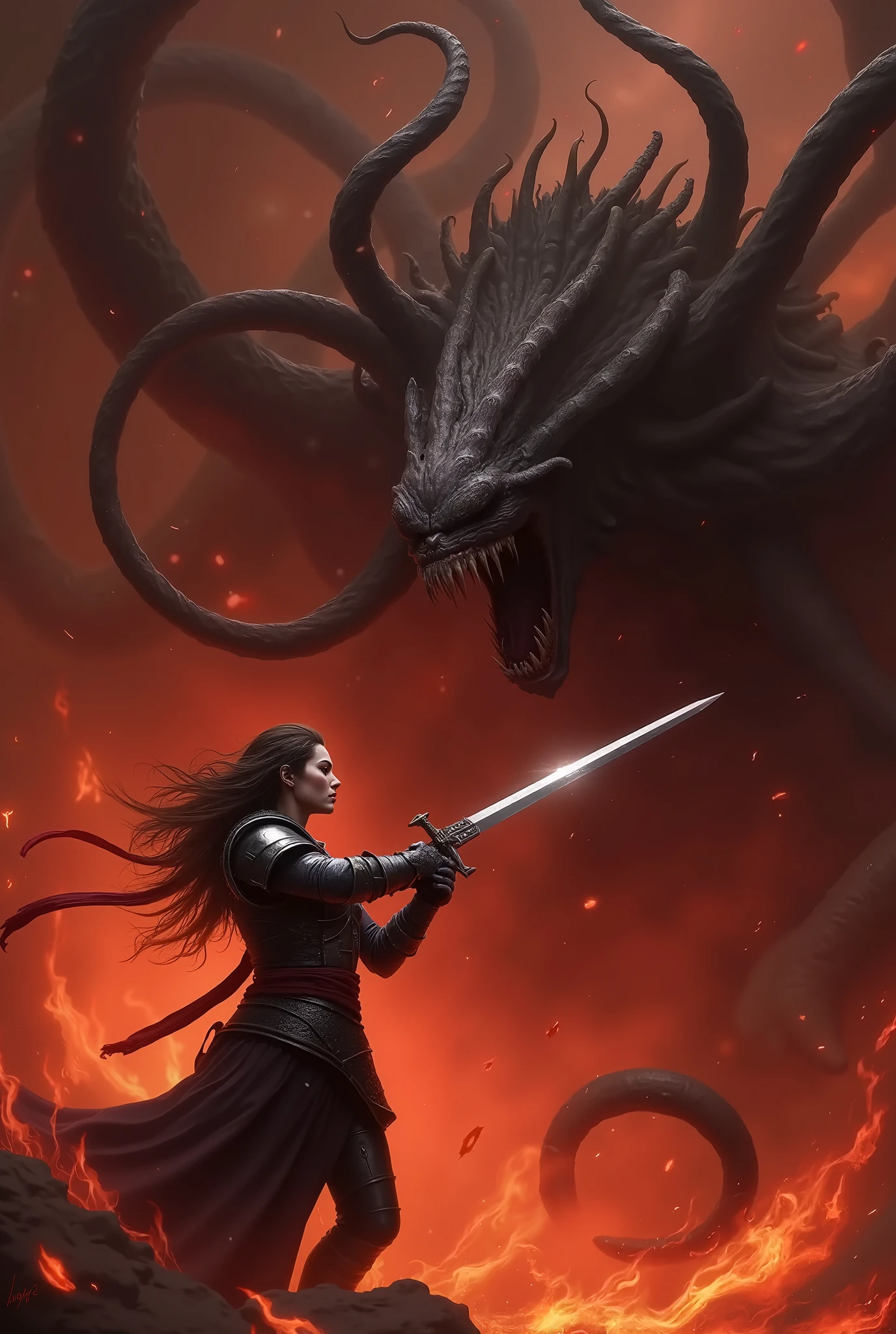 ((best quality)), ((masterpiece)), (detailed), A digital illustration of an injured long black haired woman standing victorious with one hand raised with a giant monster made up of writhing worms getting destroyed in the background. She is wearing a peach-colored princess dress and the background is fiery lava