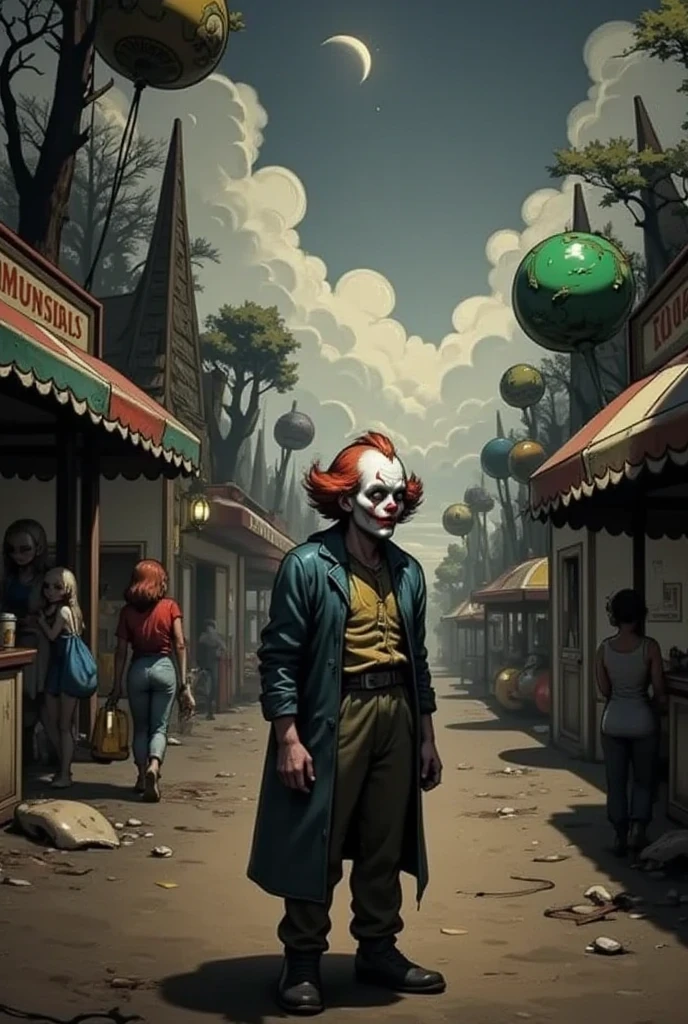  dark and spooky night carnival,  lonely clown looking up at the sky , Horror Style, dark and moody atmosphere ,  Movie-like  lighting, Possessed, Abandoned, Rough,  surreal, Creepy, Anxious , Calm colors,  Dramatic Shadows, Mysterious, Ominous,  Details,  High Quality ,  Movie-like , Realistic
