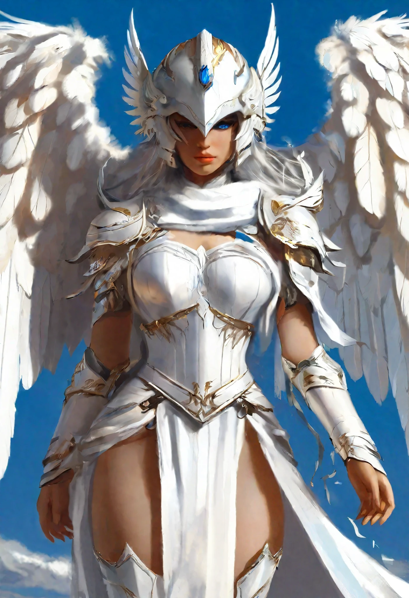 1 female angel，White cape showing at waist_wings armor feathers_Long wing feathers_Hair Shoulders Armor Shoulders_Single piece of armor_Upper wing separation_The body is white_Theme blue_wings wings leg armor