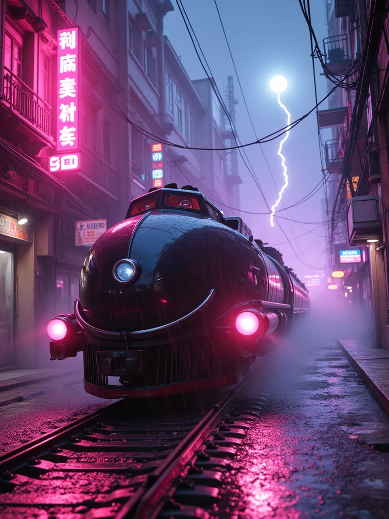 IMG_9472.CR2: An ultra-detailed, sci-fi futuristic night scene in neon acid colors, capturing a sleek, aerodynamic steam train with a curvy design speeding through a narrow, winding alleyway reminiscent of Kowloon Walled City. The train is surrounded by motion trails and speed lines, creating a sense of rapid movement under heavy rain, with bright flashes illuminating the scene. A shining sun-like star in the distant background casts dramatic god rays through dense fog and mist, adding depth to the vibrant, high-contrast environment. Inspired by the cinematic styles of Ridley Scott and Cyberpunk 2077, the scene is filled with TRON-like lighting, arc lightning, and underglow effects, as well as cosmic elements with stars visible in the background. The alleyway is lined with power lines, catwalks, and neon-lit signs, all painted in ultraviolet, blacklight-reactive hues. Cinematic color grading, intense lens flare, and light leaks create a dynamic atmosphere, with sparks and lightning dancing across the wet surfaces. This dark, vibrant cityscape showcases extreme textures and epic visual effects, with influences from the artwork of Doug Chiang and John Park. Tags: best quality, high quality, ultra-detailed, dramatic lighting, cyberpunk, cinematic scene, cosmic art, rain-soaked alleyway, interstellar glow, futuristic steam train, neon acid color palette.”