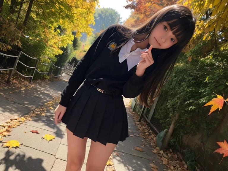 (Face shot of one slender small breasts two side up black medium hair bangs girl with crying little smile face in autmn shirt and sweater
:1.5)、(One girl is turn around  and her hair is blowing in long sleeves black school uniform:1.5)、(Beautiful red leaves and autmn mountain:1.5)、(Soft filter:1.5)、(8k ultra detailed master piece:1.5)、(perfect anatomy:1.5)、(Photorealistic stick:1.5)、(Raw photo:1.3)、(highest quality:1.5)、(High resolution:1.3)、(Delicate and beautiful perfect face:1.3)、(Delicate and beautiful eye air skin:1.3)、(Real Human Skin:1.3)、((thin legs))