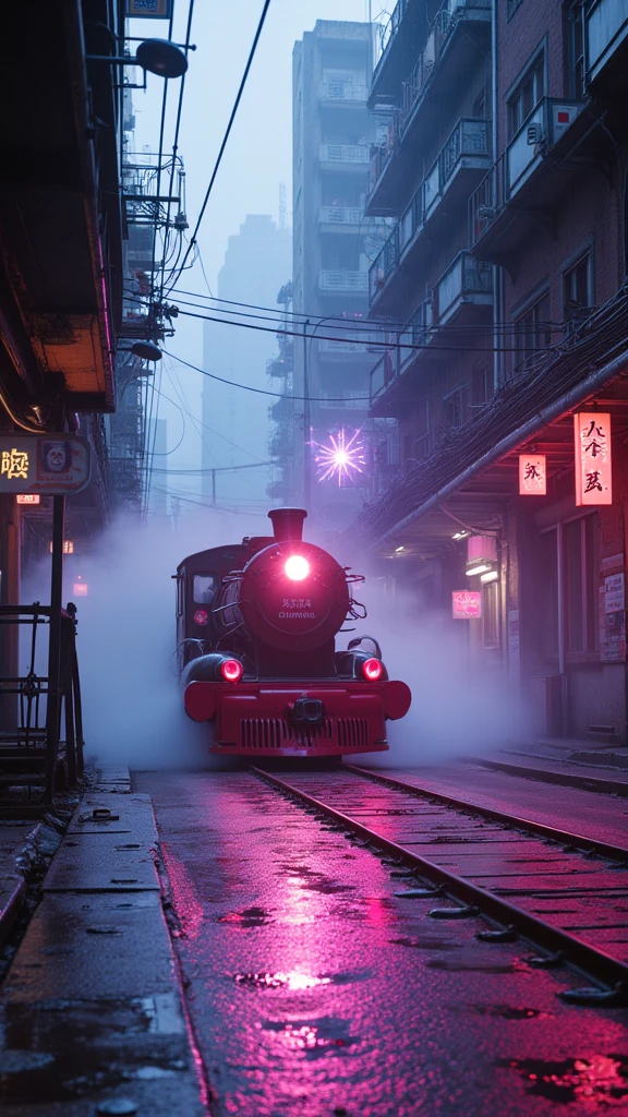 IMG_9472.CR2: An ultra-detailed, sci-fi futuristic night scene in neon acid colors, capturing a sleek, aerodynamic steam train with a curvy design speeding through a narrow, winding alleyway reminiscent of Kowloon Walled City. The train is surrounded by motion trails and speed lines, creating a sense of rapid movement under heavy rain, with bright flashes illuminating the scene. A shining sun-like star in the distant background casts dramatic god rays through dense fog and mist, adding depth to the vibrant, high-contrast environment. Inspired by the cinematic styles of Ridley Scott and Cyberpunk 2077, the scene is filled with TRON-like lighting, arc lightning, and underglow effects, as well as cosmic elements with stars visible in the background. The alleyway is lined with power lines, catwalks, and neon-lit signs, all painted in ultraviolet, blacklight-reactive hues. Cinematic color grading, intense lens flare, and light leaks create a dynamic atmosphere, with sparks and lightning dancing across the wet surfaces. This dark, vibrant cityscape showcases extreme textures and epic visual effects, with influences from the artwork of Doug Chiang and John Park. Tags: best quality, high quality, ultra-detailed, dramatic lighting, cyberpunk, cinematic scene, cosmic art, rain-soaked alleyway, interstellar glow, futuristic steam train, neon acid color palette.”