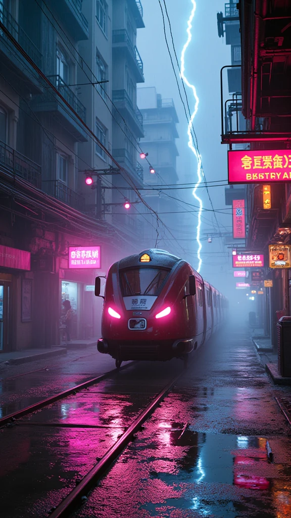 IMG_9472.CR2: An ultra-detailed, sci-fi futuristic night scene in neon acid colors, capturing a sleek, aerodynamic steam train with a curvy design speeding through a narrow, winding alleyway reminiscent of Kowloon Walled City. The train is surrounded by motion trails and speed lines, creating a sense of rapid movement under heavy rain, with bright flashes illuminating the scene. A shining sun-like star in the distant background casts dramatic god rays through dense fog and mist, adding depth to the vibrant, high-contrast environment. Inspired by the cinematic styles of Ridley Scott and Cyberpunk 2077, the scene is filled with TRON-like lighting, arc lightning, and underglow effects, as well as cosmic elements with stars visible in the background. The alleyway is lined with power lines, catwalks, and neon-lit signs, all painted in ultraviolet, blacklight-reactive hues. Cinematic color grading, intense lens flare, and light leaks create a dynamic atmosphere, with sparks and lightning dancing across the wet surfaces. This dark, vibrant cityscape showcases extreme textures and epic visual effects, with influences from the artwork of Doug Chiang and John Park. Tags: best quality, high quality, ultra-detailed, dramatic lighting, cyberpunk, cinematic scene, cosmic art, rain-soaked alleyway, interstellar glow, futuristic steam train, neon acid color palette.”