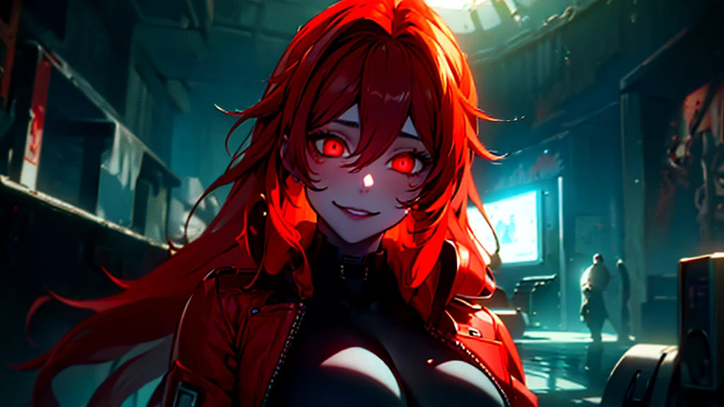 ((Best quality)), ((masterpiece)), (detailed:1.4), 3D, an image of a beautiful cyberpunk female, Yandere , Yandere Face , Trance , Trance Eyes , yameroyandere , constricted pupils , yandere , empty eyes . shaded face , crazy eyes , glowing red eyes , crazy smile , Redhood , long red burning hair , Red Jacket Cloth , Red Eyes, Black undercloth, large breasts, Underwater as background ,HDR (High Dynamic Range),Ray Tracing,NVIDIA RTX,Super-Resolution,Unreal 5,Subsurface scattering,PBR Texturing,Post-processing,Anisotropic Filtering,Depth-of-field,Maximum clarity and sharpness,Multi-layered textures,Albedo and Specular maps,Surface shading,Accurate simulation of light-material interaction,Perfect proportions,Octane Render,Two-tone lighting,Wide aperture,Low ISO,White balance,Rule of thirds,8K RAW,