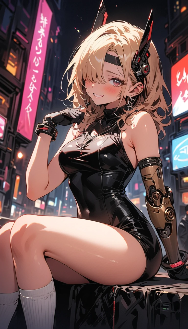 1 girl, Blonde hair, Blonde, Ponytail, Bright pink eyes, Soft colors, Big breasts, Cute hairpin, Body tattoos, Bracelet in hand, Movie Posters、It depicts a young woman as the protagonist。She stands confidently in the center of the poster，Dress up in stylish futuristic outfits，With a determined expression on his face。Dark and grainy background，Sense of crisis，There are strong。The text becomes bold、Cause for concern，With a catchy slogan，Increase the overall drama and excitement。The color scheme is mainly dark，Dotted with bright colors（（Very large breasts）），（（Grooves reveal original skin））