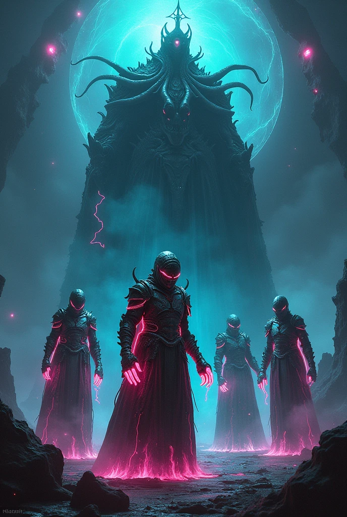 A highly detailed digital, ((anamorphic, surrealistic, splash art:1.5)) painting of 5 neon-infused Grimm knights, sinister biomechanical humanoid figures with tentacled faces inspired by Cthulhu, dramatic lighting, neon cyberpunk colors, intricate armor and machinery, cinematic composition, hyper-realistic, impactful, eerie, unsettling atmosphere