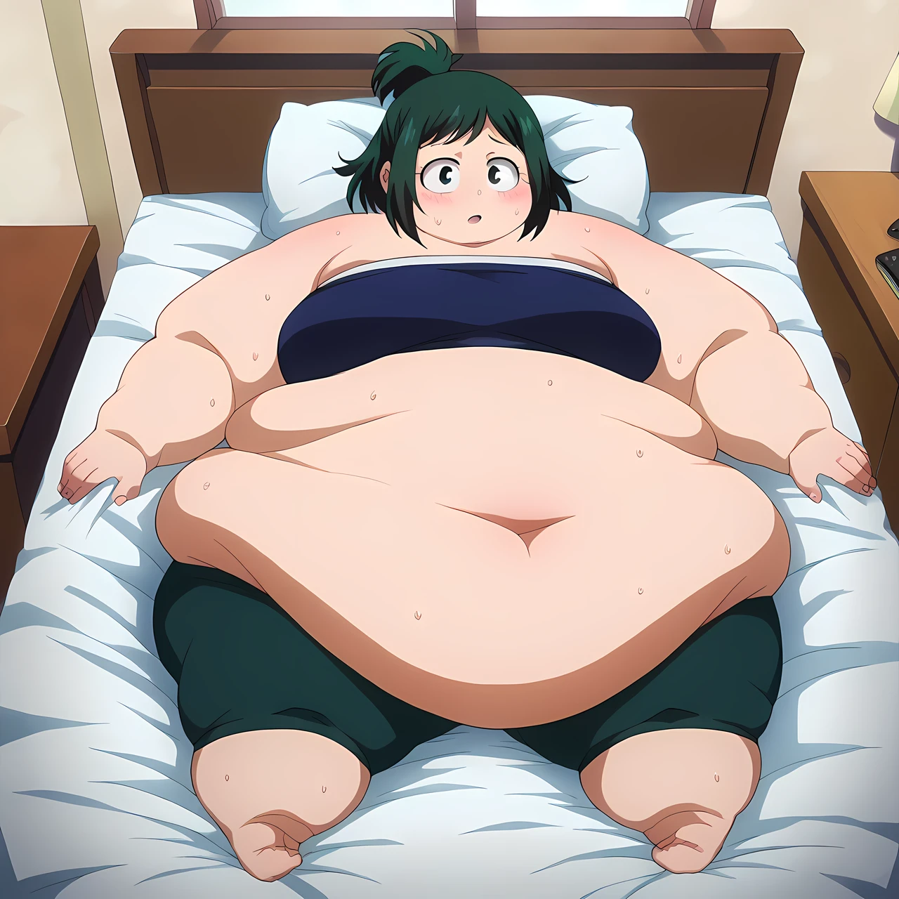 score_9, score_8_up, score_7_up, source_anime BREAK 1girl, Midoria Inko, green hair, green eye, short hair, female , blush, ganryu, tube top, black bike shorts, house, bedroom room, blush,  sweating, growing fatter, fat, chubby, obese, full body shot, gigantic arms and legs, laying down, laying down on back, laying on bed, looking viewer, surprised, huge belly, holding a tv remote 