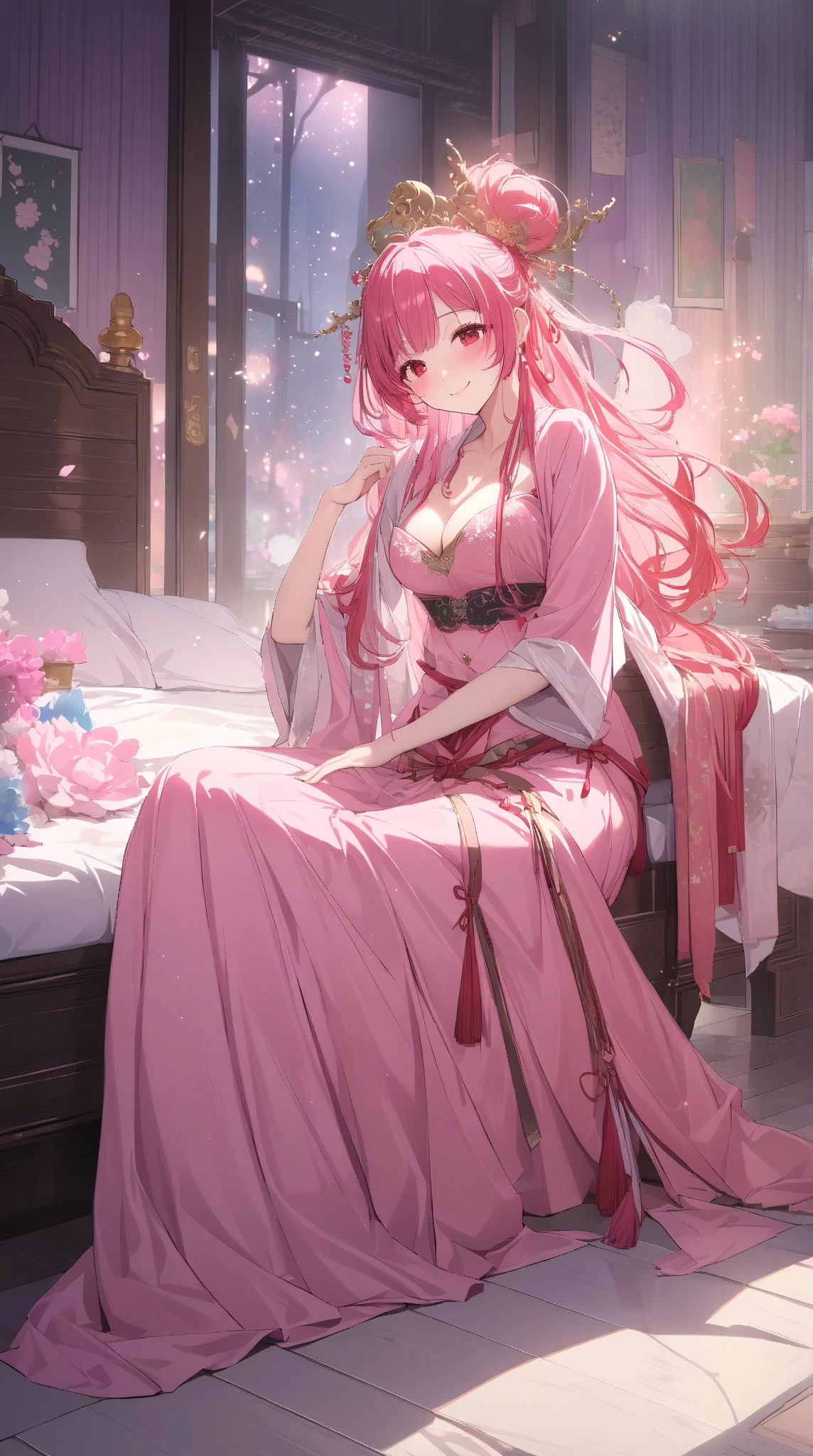 ((Highest quality)), ((masterpiece)), (detailed), （Perfect Face）、The woman is Lacus Clyne, who is married to a Chinese man, and is an ordinary Chinese woman with blue eyes, pink, medium-long hair, and an engagement ring.、The woman is dressed in typical Chinese clothing.