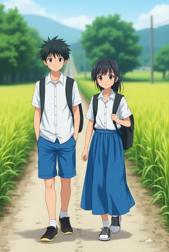 An older sister who is a high school student and her younger brother who is an elementary school student sit happily together.、Two people with height difference、Tall women and short men、（high school girl、Perfect beautiful girl、A neat sailor suit based on navy blue、Long sleeve、big breast body shape、Dark blue skirt for the lower part of the body、Thighs、Black Hair、）、（（Small elementary school boy、Cute little boy、Neutral face、Perfect Bishonen、Elementary 、Shorts and backpack、Black Hair、））Japanese countryside、Paddy field、wood、Siblings
