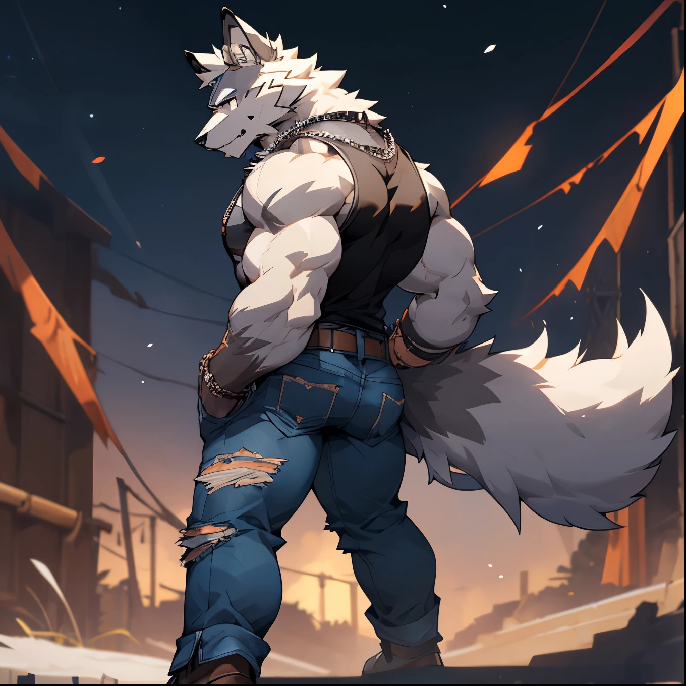 Solo Sexy young anthro furry wolf male mercenary medieval solider, slim slim muscular, anthro handsome gay shorter muzzle, handsome gay model male apperance, sword scars, worn out leather skimpy armament, low on hips heavy leather belt, old very worn out skimpy dirty linen material jockstrap, old yellow dirty worn out stains on white sawn jockstrap, very visible "x" brown seam pattern on the jockstrap, studded skimpy armlets breastplate armor, skimpy breastplate, leather bondages, fingerless leather gloves, smelly unwashed furr, dirty body look, desert battlefield, standing in sexy fighting position, close view of full character