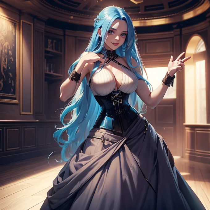 a beautiful woman with long blue hair, detailed eyes, nose and lips, wearing a completely black corset, standing in a party hall, smiling and posing for a picture, high quality, realistic, photorealistic, 8k, ultra-detailed, masterpiece, vibrant colors, dramatic lighting, cinematic, elegant, glamorous, high fashion