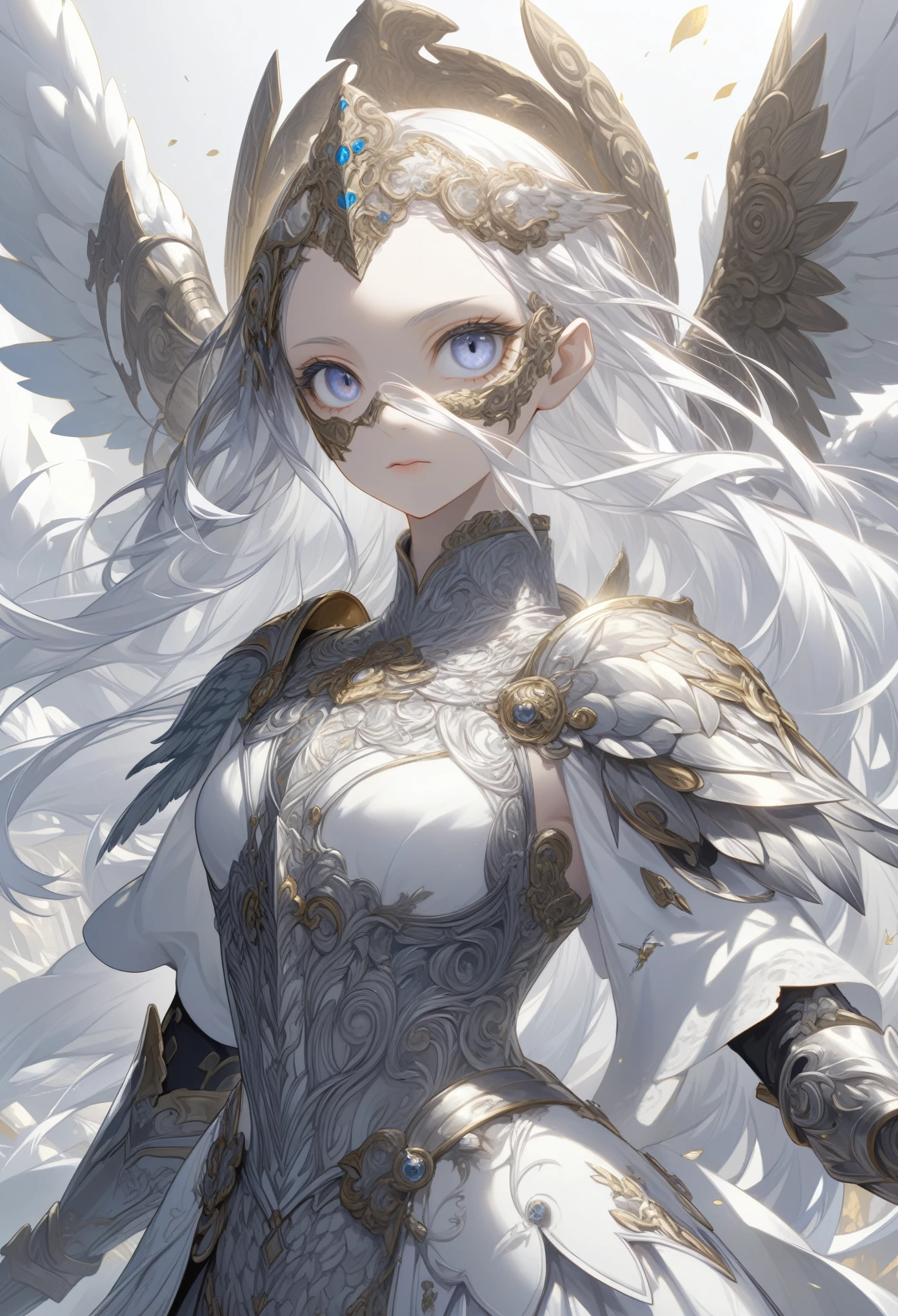 score_9, score_8_up, score_7_up, Intricate details, A delicate Gribbles work, (Angel, Valkyrie), (1girl, solo), big round eyes. (shining hair, silver long hair), armored mask, armored dress, medium breasts, (Angel wings:1.1)