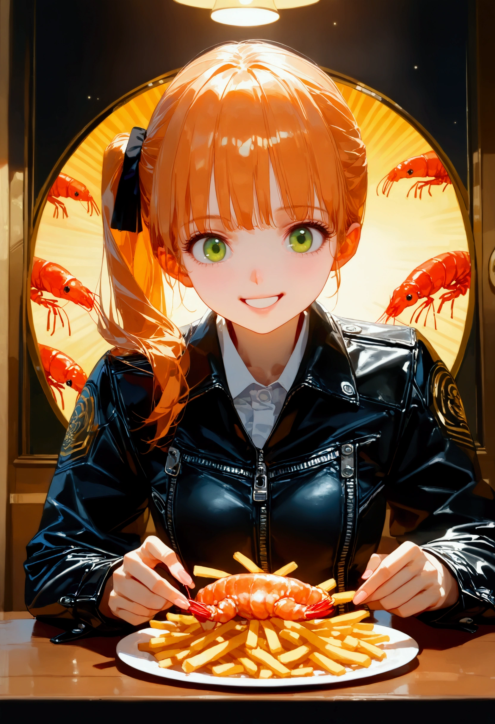 @タカヒロ, 1girl\(Cute,Orange Hair,riders jacket,small breasts,shining green eyes, big eyes,side ponytail,,(big smile),beautiful smile,fun,eating (prawn:1.5) and (french-fries:1.5) on the wall\),(Hong Kong action cinema style:1.3),(beautiful Bokeh). BREAK .quality\(masterpiece, best quality,8k,wallpaper of extremely detailed CG unit, high resolution, top-quality, top-quality real texture skin, hyper realistic, increase the resolution, RAW photos, best quality, highly detailed, the wallpaper,golden ratio,high saturation realism, vibrant colors, dramatic lighting, persuasive storytelling, atmospheric scenery, captivating visuals, intricate details, strong emotions,dreamlike world\)