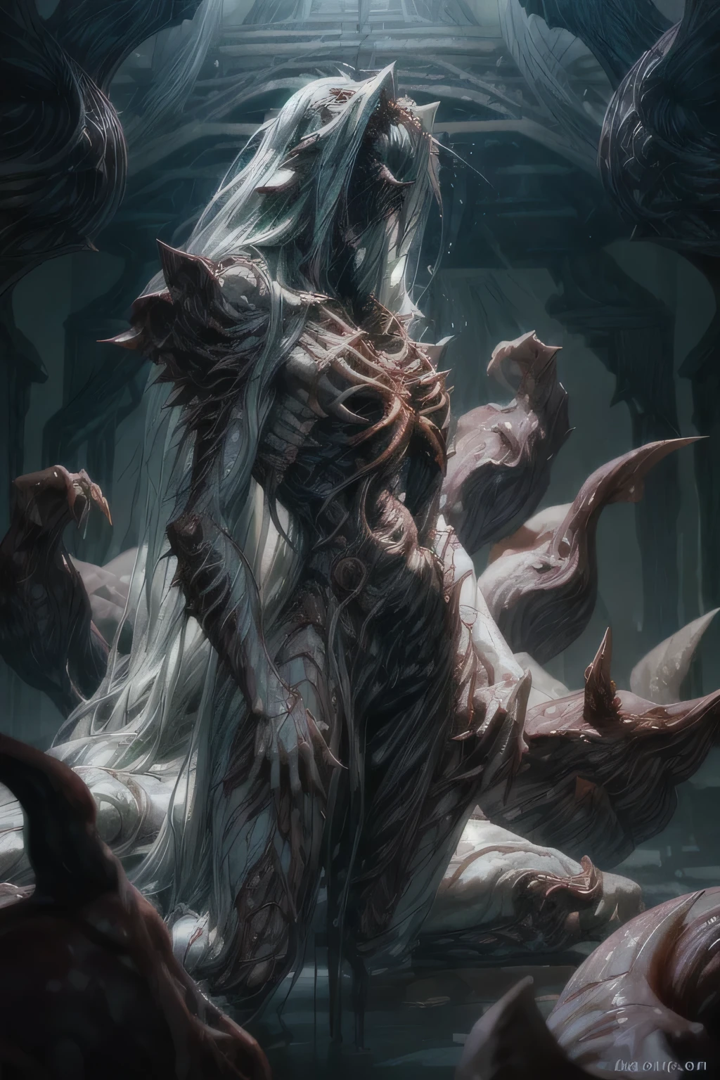 9-tailed fox, white, demon, demonic fox, photo dark, chifres de demon, bones sticking out of the body , macabre smile, blood all over the , several mouths across the body , through the white with blood marks, Photo Gore , explicit flesh , explicit organs , macabre giant fox that gives off nightmares , demonic fox que saiu direto do inferno, Macabre plus even , much scarier that gives nightmares to an adult , scary creature by Trevor Henderson , H. p. Lovecraft, Cthulhu, Cosmic Demonic Fox and mega-ghastly , long hair, long hair branco, long hair albino, more monster than human but maintaining a male human body, Mouth on the chest that separates the body , the monster is alone , Leave him standing with a full body sample, There are 9 caldas , has thorns or tentacles coming out of his body, he is a shapeshifter .