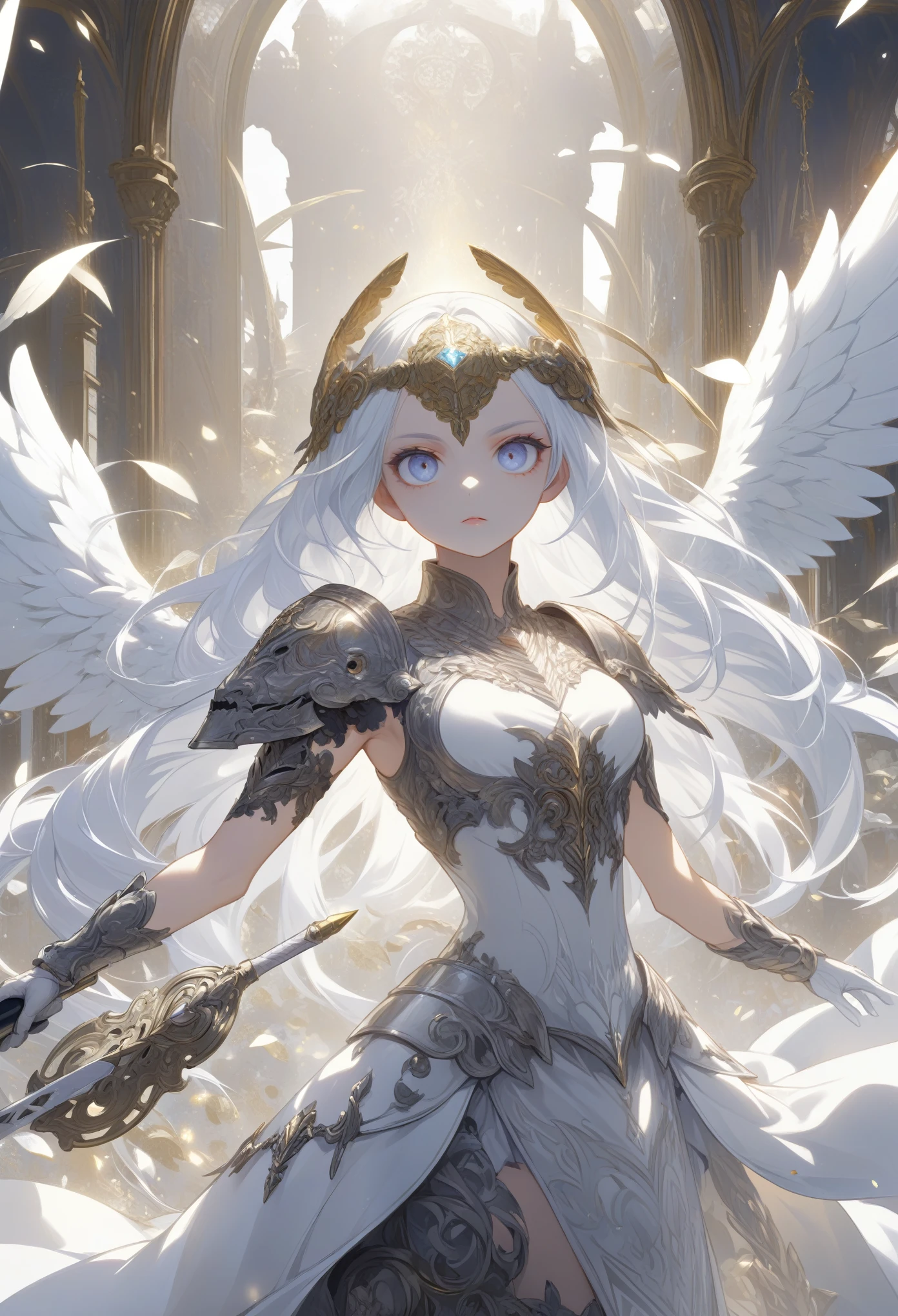 score_9, score_8_up, score_7_up, Intricate details, A delicate Gribbles work, (Angel, Valkyrie), (1girl, solo), big round eyes. (shining hair, silver long hair), armored mask, armored dress, medium breasts, (Angel wings:1.1)