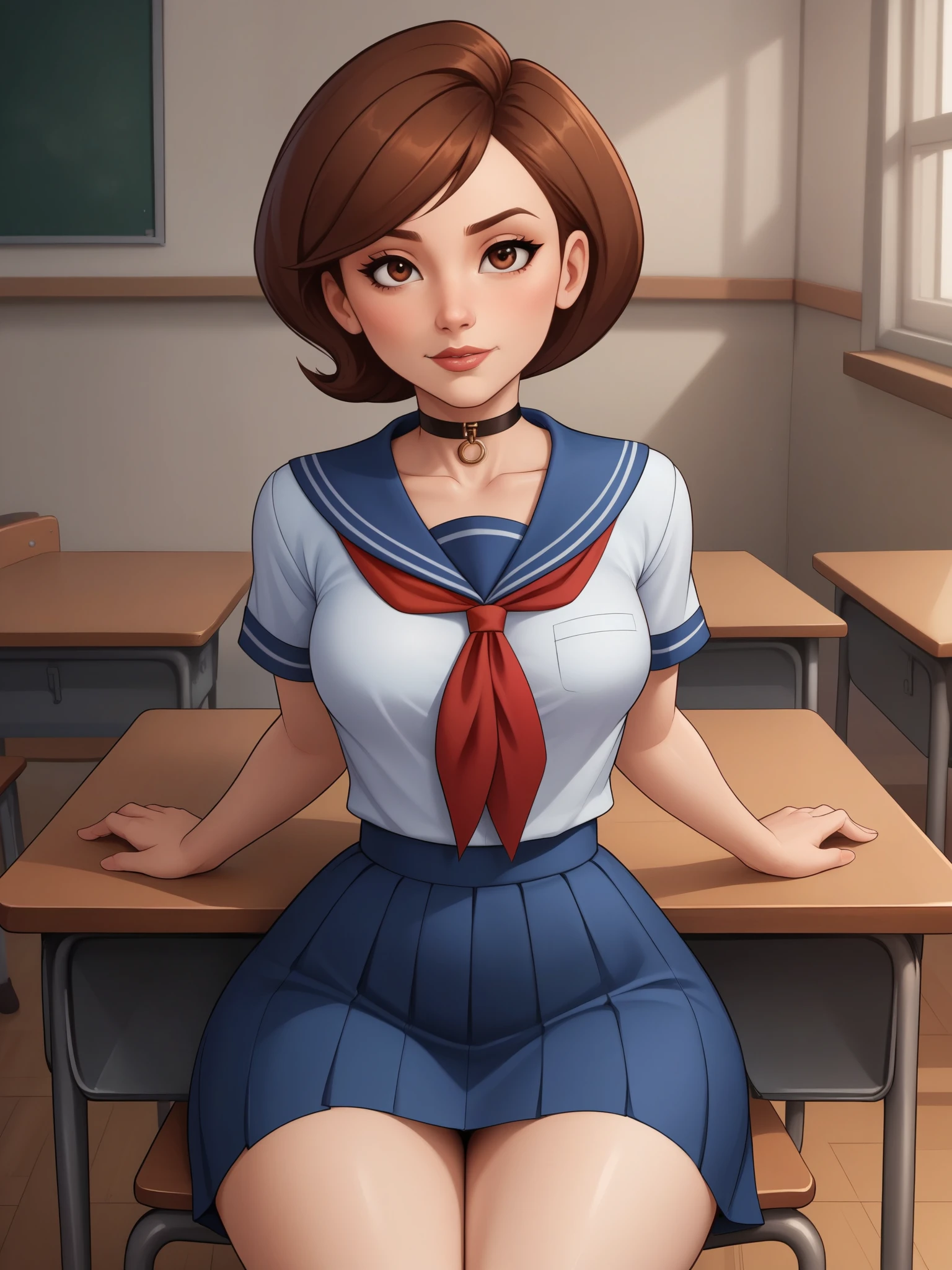 account_9, account_8_ex, account_7_ex, account_6_ex, account_5_ex, account_4_ex. Helen Parr. narrow waist. small saggy breasts. huge hips. brown hair. brown eyes. the middle square. choker. school uniform. school class. desk. sitting