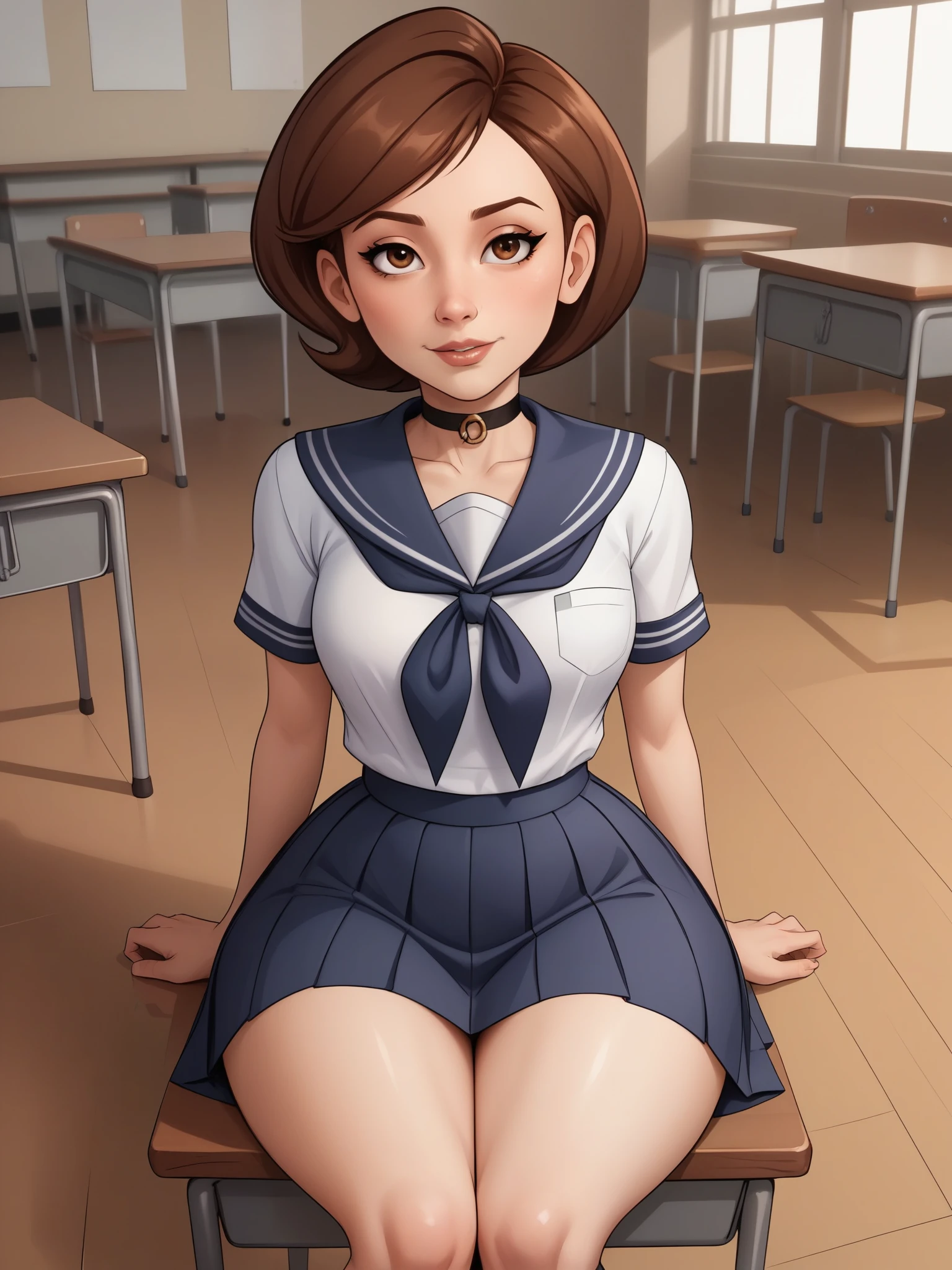 account_9, account_8_ex, account_7_ex, account_6_ex, account_5_ex, account_4_ex. Helen Parr. narrow waist. small saggy breasts. huge hips. brown hair. brown eyes. the middle square. choker. school uniform. school class. desk. sitting