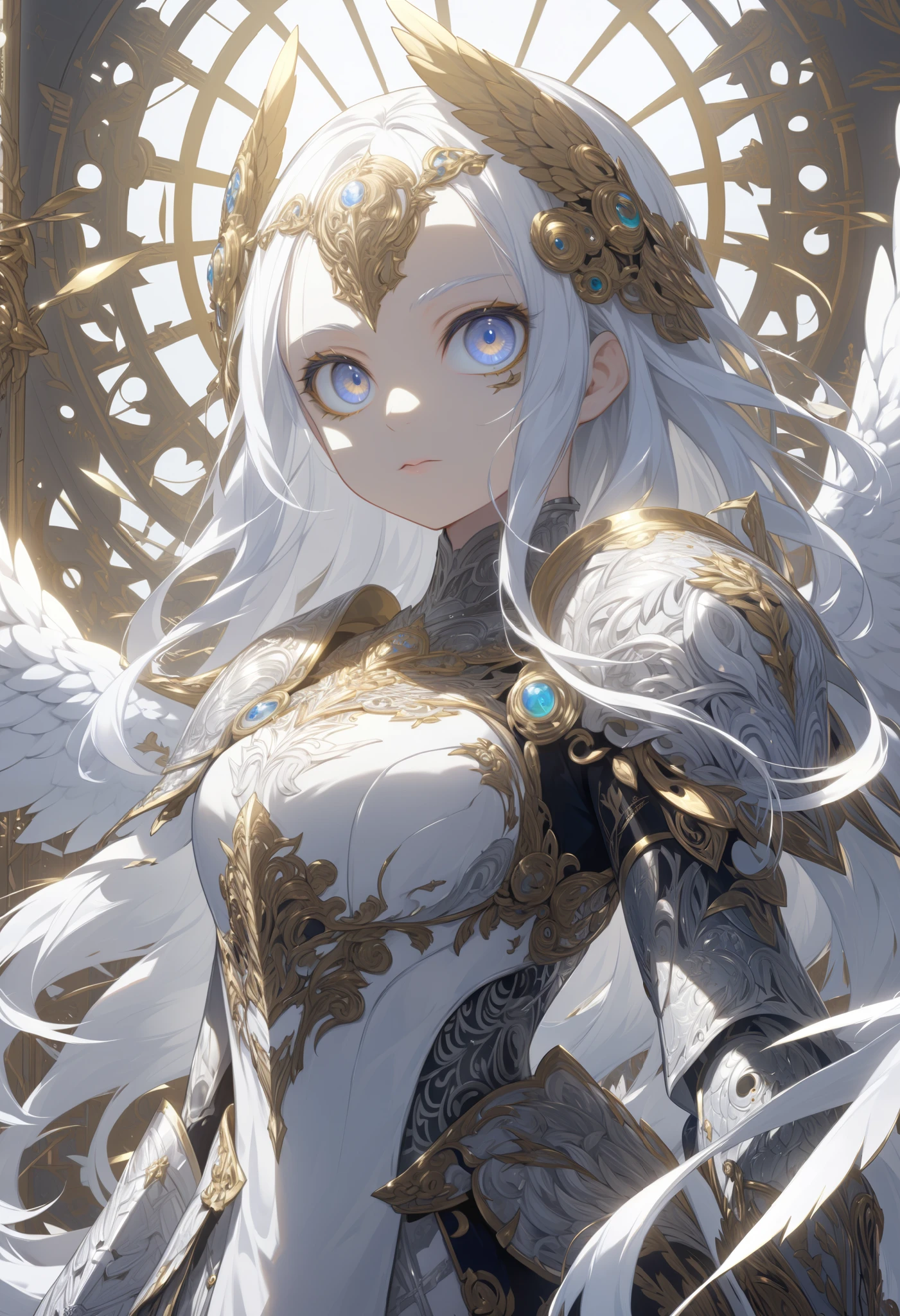 score_9, score_8_up, score_7_up, Intricate details, A delicate Gribbles work, (Angel, Valkyrie), (1girl, solo), big round eyes. (shining hair, silver long hair), armored mask, armored dress, medium breasts, (Angel wings:1.1)