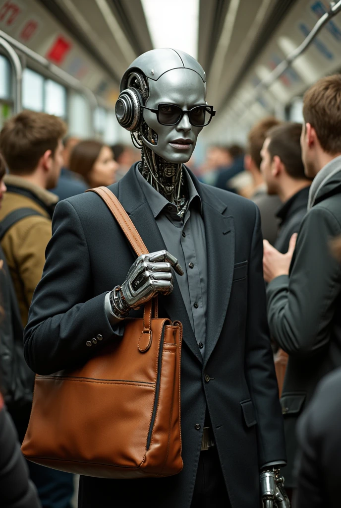  businessman-type robot with leather business bag commuting on a crowded train、Holding on to a strap、革製のビジネスバッグを持つ、Outdated robot equipped with glasses 、