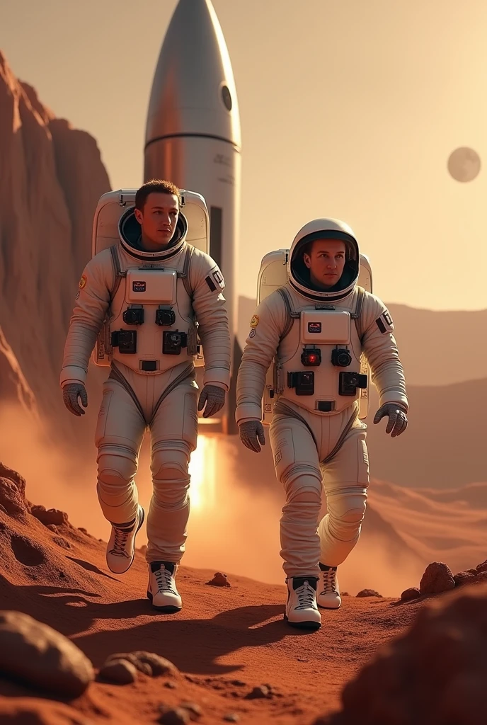 Gere uma imagem realista de 3 astronautas masculinos posando para foto, In the background it should be possible to see the planet Mars and Cideral space