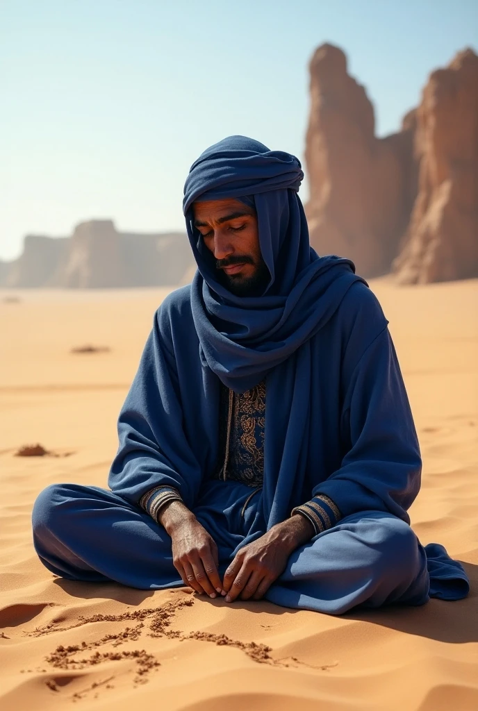 Man wearing Arab dress, masked, in desert, praying before dawn 