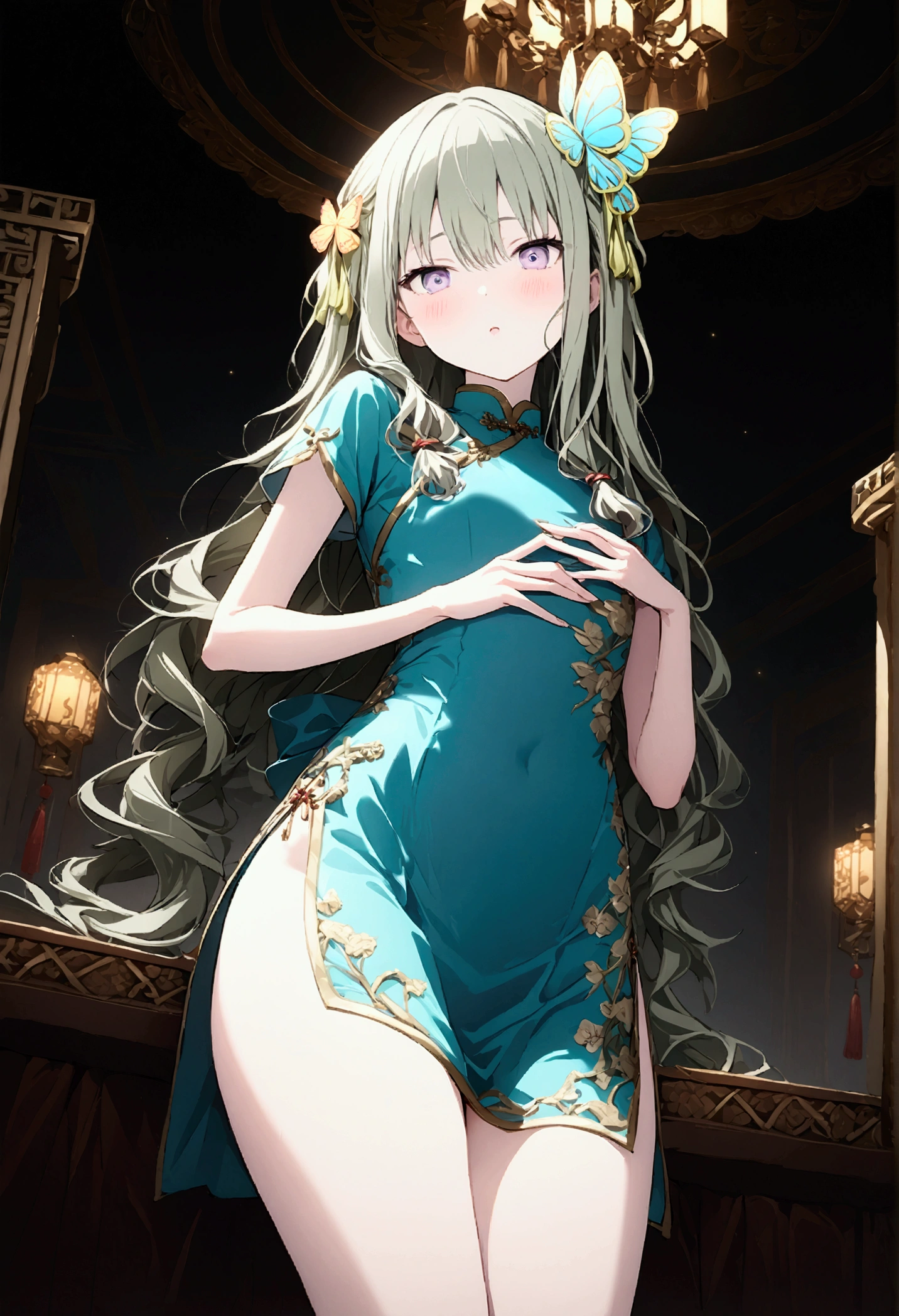 High image quality 、masterpiece、 High Quality  、Full HD、4K 、 viewed from below、Kusanagi Nin々、Green long hair 、Butterfly Hair Ornament 、Pigtails、 purple eyes、slim、green china dress、 Blushing cheeks 、Red  on cheeks、 flat chest、Close your thighs 、Place your hands on your chest、 is sitting、Chinese Royal Palace、 Light Background 