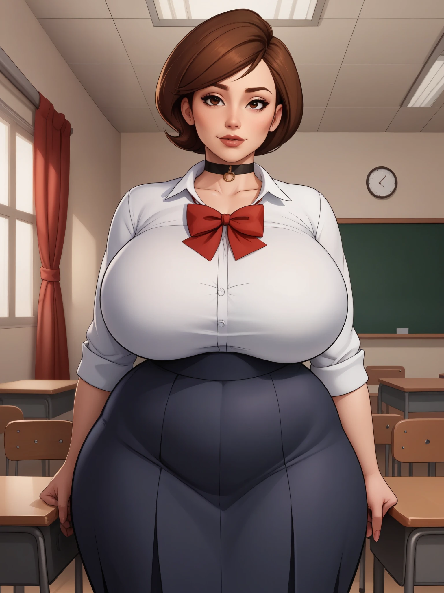 account_9, account_8_ex, account_7_ex, account_6_ex, account_5_ex, account_4_ex. Helen Parr. narrow waist. huge saggy breasts. huge hips. bbw. brown hair. brown eyes. the middle square. choker. school uniform. school class. desk. 