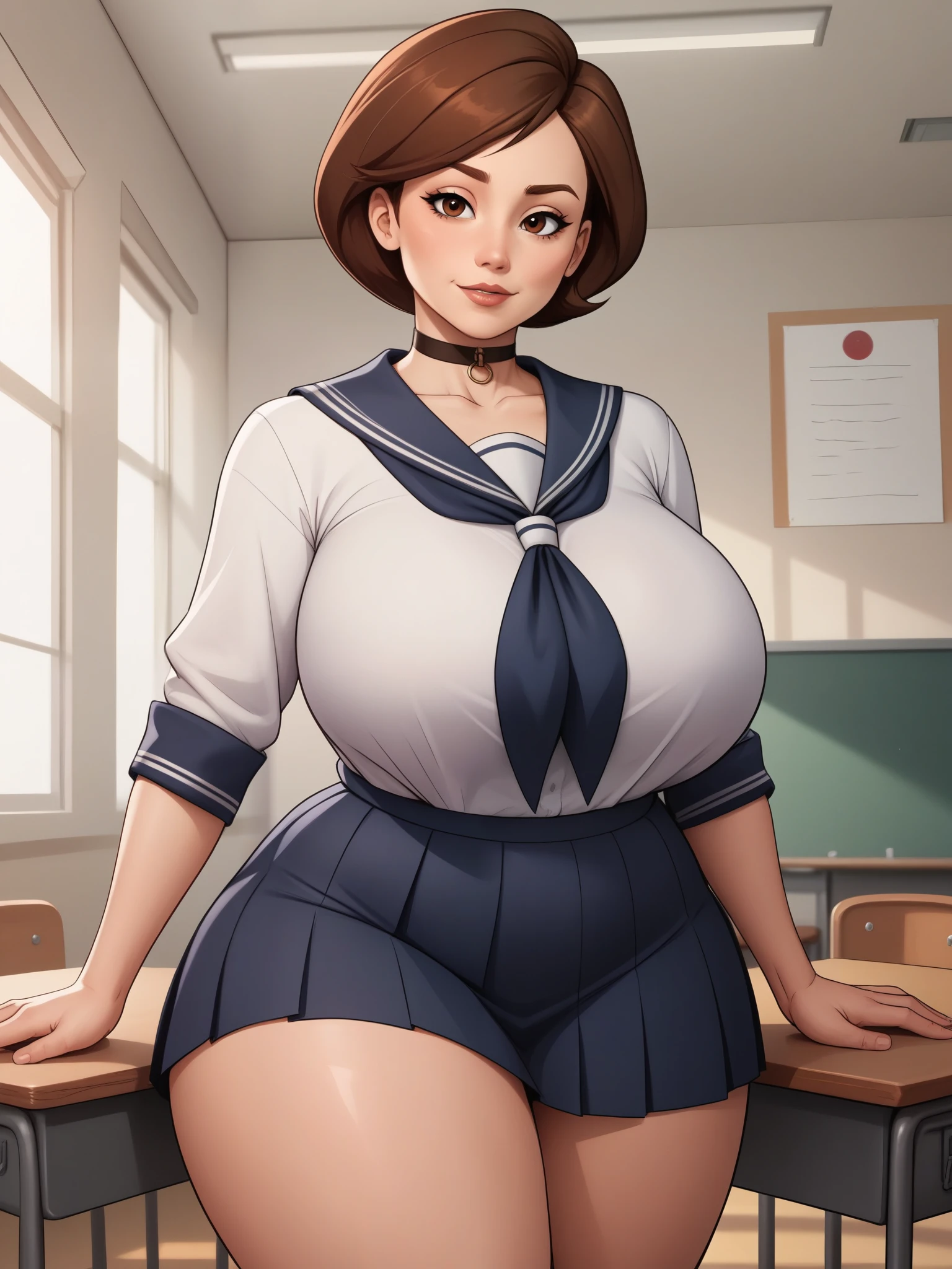 account_9, account_8_ex, account_7_ex, account_6_ex, account_5_ex, account_4_ex. Helen Parr. narrow waist. huge saggy breasts. huge hips. bbw. brown hair. brown eyes. the middle square. choker. school uniform. school class. desk. 