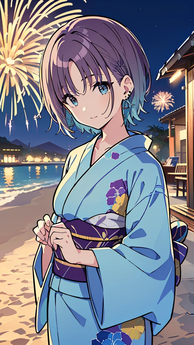 masterpiece, Best Quality,  Hi-Res,  very detailed,(((Toru Asakura))), ((( blue hair ))), ((( earrings for a woman alone))), ((( gradation hair ))), ((( multicolor hair))), ((( split bangs))), ((( purple hair))), (((yukata))), (((Around town))), (((night))), (((firework))), ((( sandy beach)))