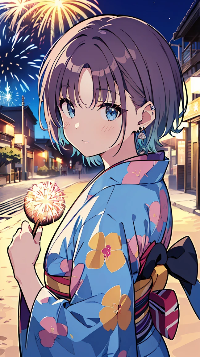 masterpiece, Best Quality,  Hi-Res,  very detailed,(((Toru Asakura))), ((( blue hair ))), ((( earrings for a woman alone))), ((( gradation hair ))), ((( multicolor hair))), ((( split bangs))), ((( purple hair))), (((yukata))), (((Around town))), (((night))), (((firework))), ((( sandy beach)))