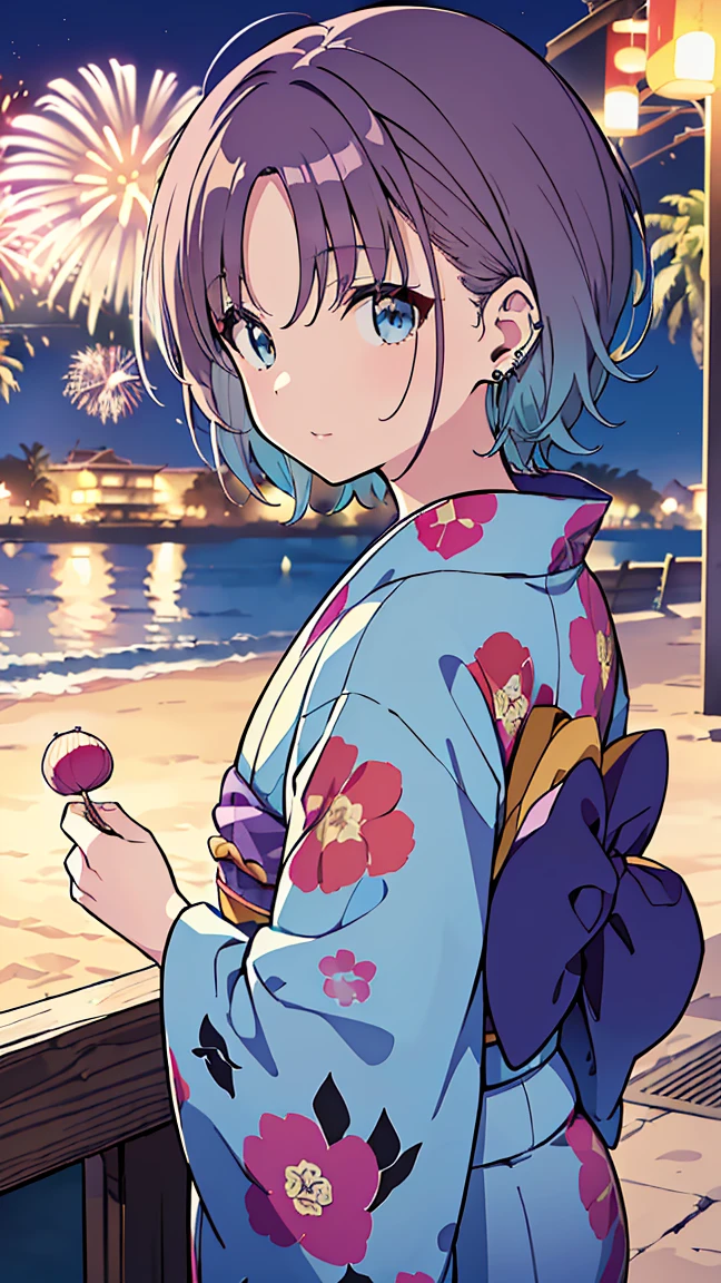 masterpiece, Best Quality,  Hi-Res,  very detailed,(((Toru Asakura))), ((( blue hair ))), ((( earrings for a woman alone))), ((( gradation hair ))), ((( multicolor hair))), ((( split bangs))), ((( purple hair))), (((yukata))), (((Around town))), (((night))), (((firework))), ((( sandy beach)))