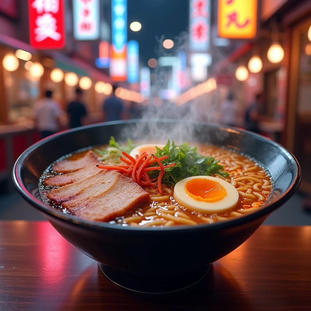 Delicious tonkotsu ramen eaten at food stalls in Neon Street