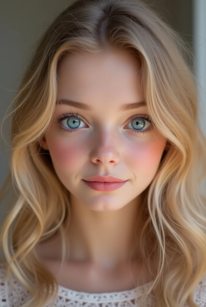 masterpiece, realistic, detailed eyes, beautiful, looking at the viewer, natural lighting, depth of field, film grain, wrinkled skin, 24yo, female, solo, wavy long blonde hair, blue eyes, white, formal shirt, freckles, smile, lips, upper body, Portrait, Close-up, Front view, Exterior