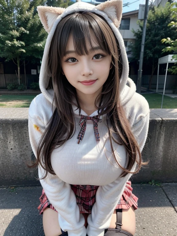 (highest quality,masterpiece:1.3,Ultra-high resolution),(Very detailed、Caustics) (Realistic:1.4, RAW shooting、)Ultra-Realistic Capture、Very detailed、Natural skin texture、masterpiece、(Japanese woman wearing a long parka and a t-shirt:1.3), Adorable expression、Expressions of happiness、14 years old、Height: 160cm、Young Face、Amazingly cute、Twin tails、Straight hair、Scrunchie、Black Hair、light makeup、necklace、H cup big breasts、Shining thighs、Background in detail、smile、An inviting gaze、Anatomically correct、Attention to detail、Great skiing, Great skiinged,Sitting on a bench on top of a mountain、Tight ski clothing, sitting cutely in the snow, Snow piles up on my body、Shooting from the front、Same perspective、