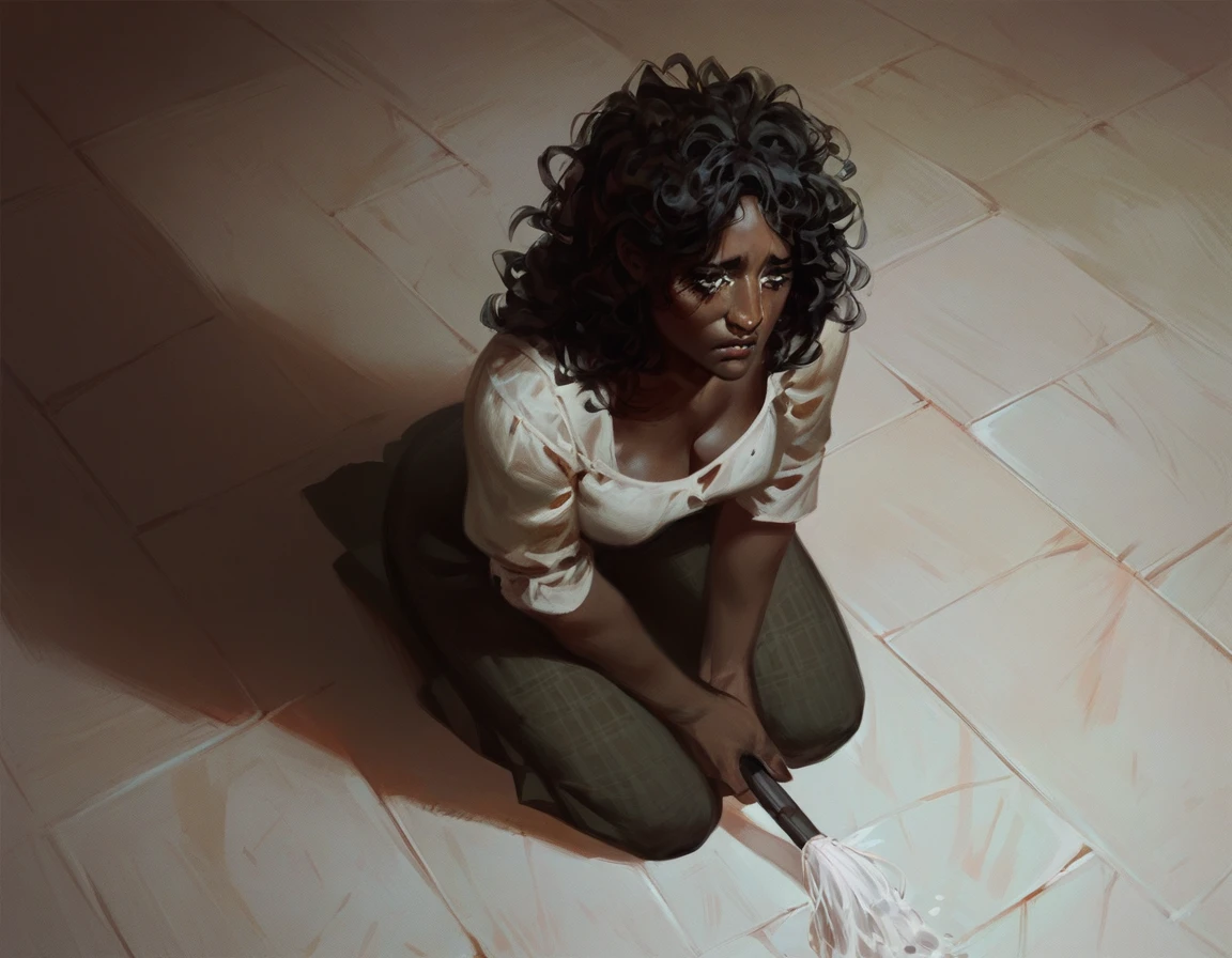 Dark skinned woman. Wearing a long brown dress. Long messy hair. Expression of Sad. Fear. Fear. Kneeling on the floor. Cleaning the floor.  