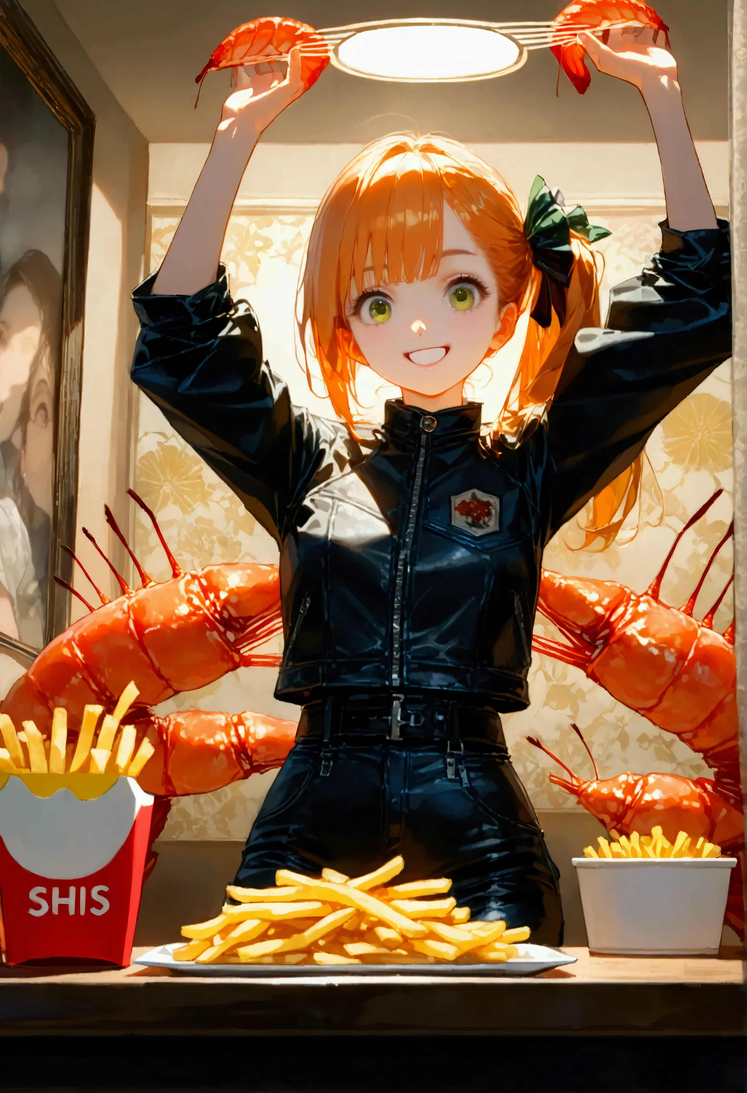 @タカヒロ, 1girl\(Cute,Orange Hair,riders jacket,small breasts,shining green eyes, big eyes,side ponytail,,(big smile),beautiful smile,fun,eating (giant prawn:1.5) and (french-fries:1.5),dynamic pose\),(Hong Kong action cinema style:1.4),(beautiful Bokeh). BREAK .quality\(masterpiece, best quality,8k,wallpaper of extremely detailed CG unit, high resolution, top-quality, top-quality real texture skin, hyper realistic, increase the resolution, RAW photos, best quality, highly detailed, the wallpaper,golden ratio,high saturation realism, vibrant colors, dramatic lighting, persuasive storytelling, atmospheric scenery, captivating visuals, intricate details, strong emotions,dreamlike world\),dynamic angle