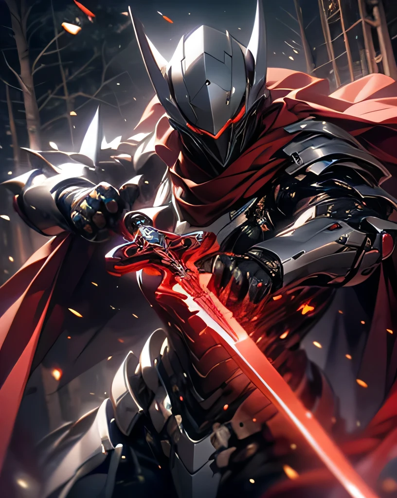 that emits intense light {x} shines dynamically using the whole body {x} A man in a black exotic suit is acting violent in the woods, rendered in Unreal Engine 5 , black octane rendering , high-definition iconic character , Dagger , is rendered with。 super detailed with octane rendering , Streamlined red armor , wearing a red cape that flutters in the wind , realistic , Unreal Engine 5 Render , rendered in Unreal Engine 5 , Super detailed , Alone, 8k octane rendering realistic , manipulating a sword with telekinesis , Towering Tree 々, black chest , black shoulder , Black arm , Black Legs