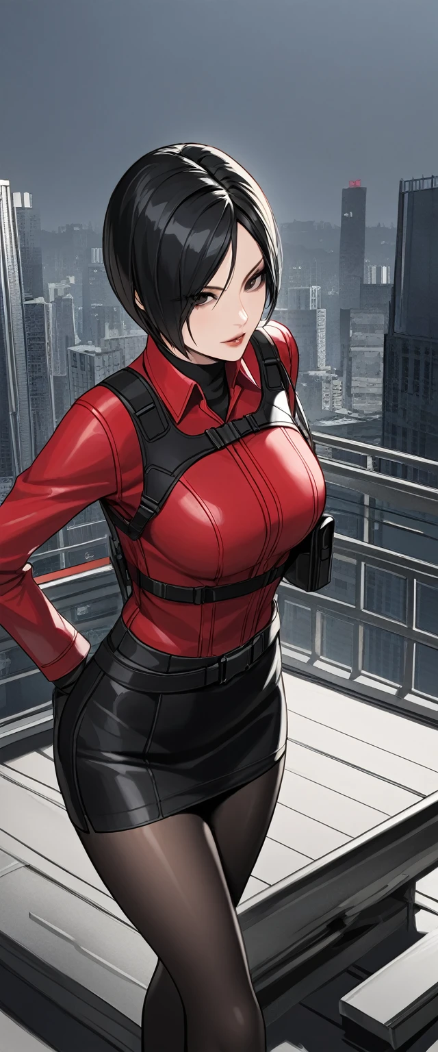 ((  Masterpiece  )), (familiar), precise, eyelash , (Resident Evil), (Ada wong), bare, ร่างbare, background, High Building Deck , Short hair, Black hair, Black eyes, Beautiful round eyes., Black pupil,  Big Bust, Red Breasted Tights ,  Black Miniskirt Skirt