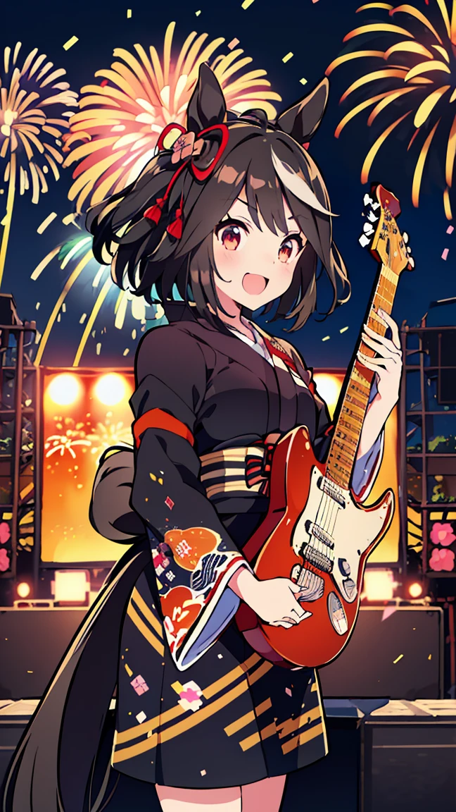 masterpiece, Best Quality,  Hi-Res,  very detailed,((( Kitasan Black))), (((Horse Girl))), (((yukata))), (((Around town))), (((night))), (((firework))), ((( electric guitar on stage at an outdoor concert)))